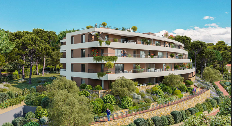 Antibes, Juan Les Pins, Eiendom, kjøp av leilighet, ny, terrasse, takterrasse, havutsikt, svømmebasseng, ny bolig