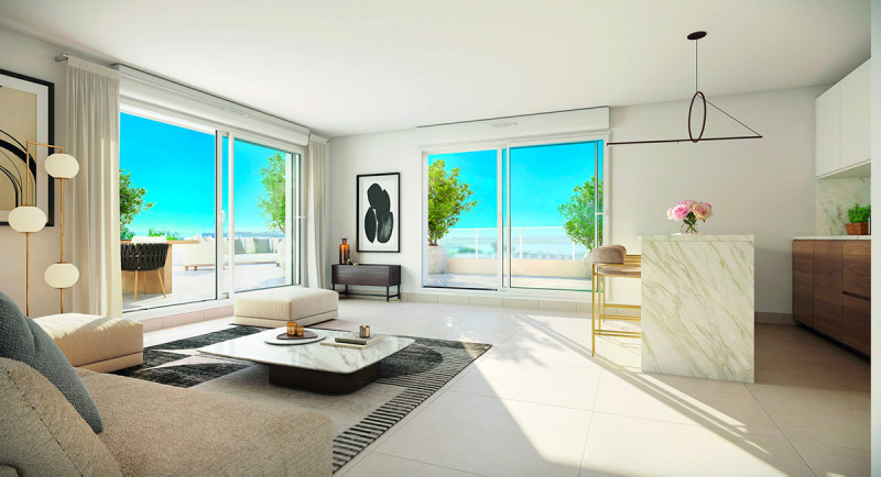 Fastigheter, nybyggt bostadshus, Saint Laurent du Var, Nice, lägenhet, terrass, havsutsikt, strand, pool